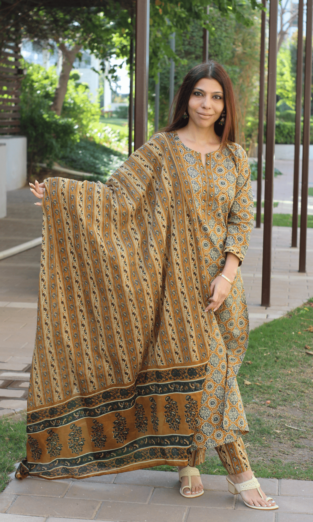 Cotton Mustard & Green Ajrakh Print Suit with Cotton Printed Dupatta - Baareeki