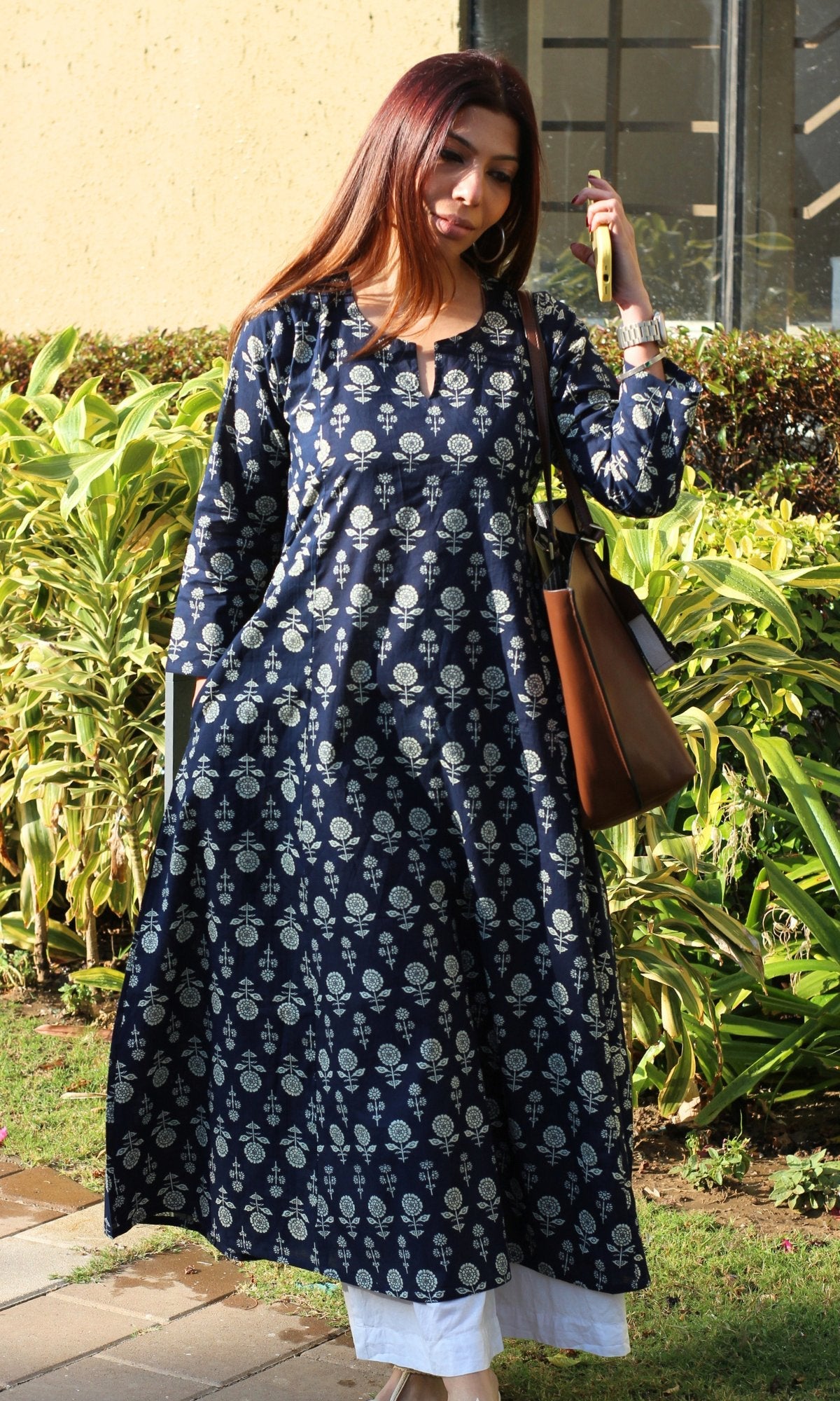 Cotton Navy Blue Booti Kali Kurta - Baareeki