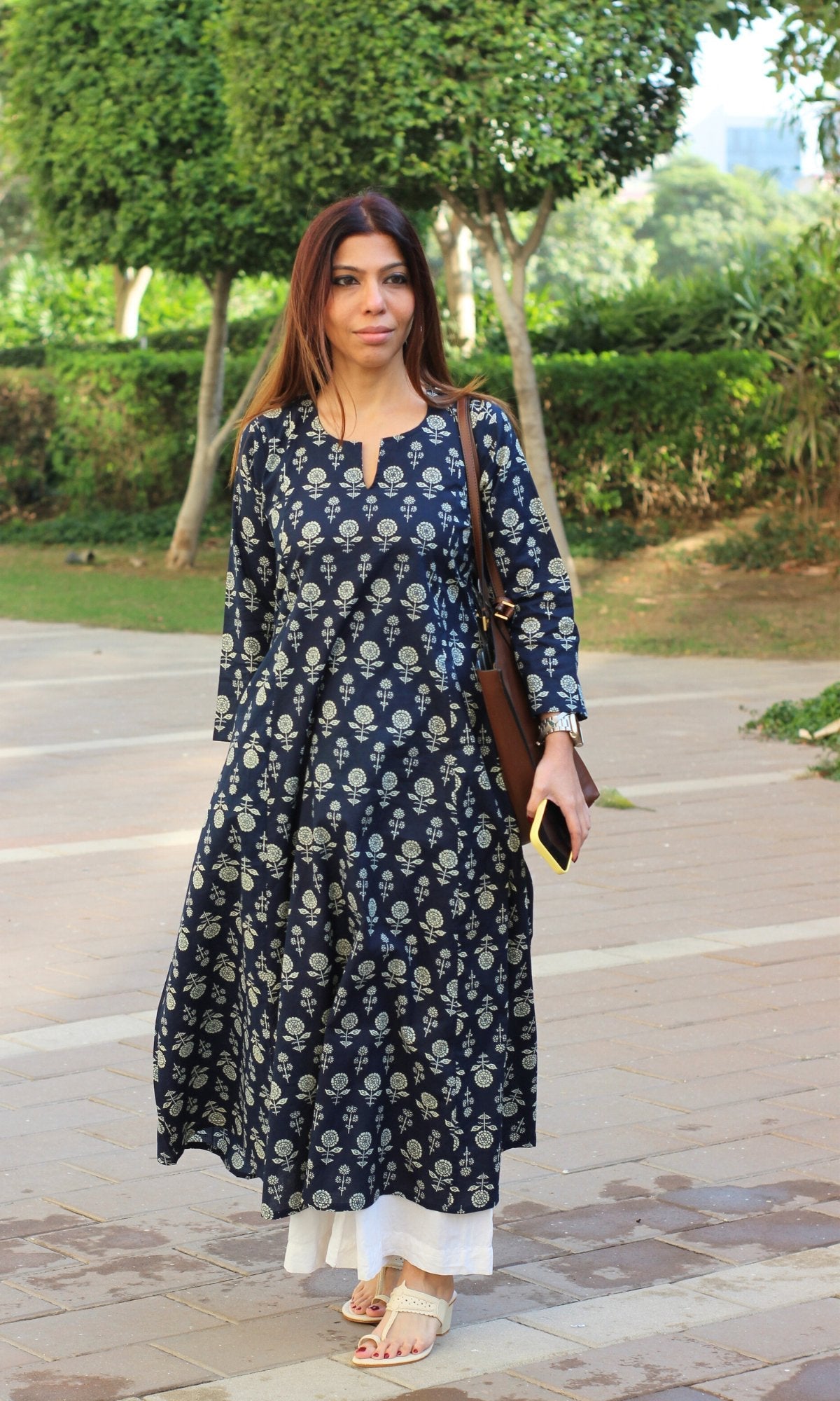 Cotton Navy Blue Booti Kali Kurta - Baareeki