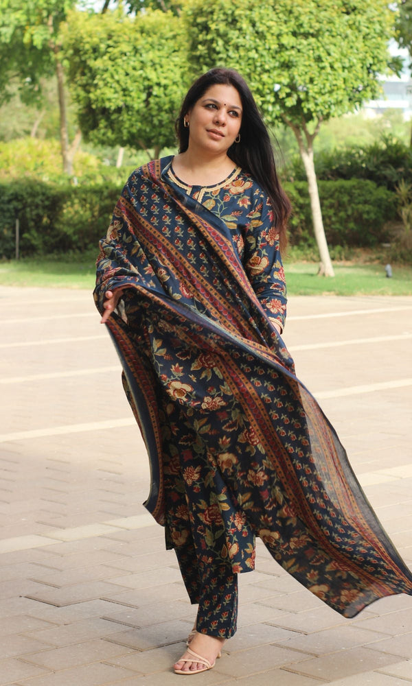 Cotton Navy Blue Printed Suit Set with Printed Cotton Dupatta - Baareeki