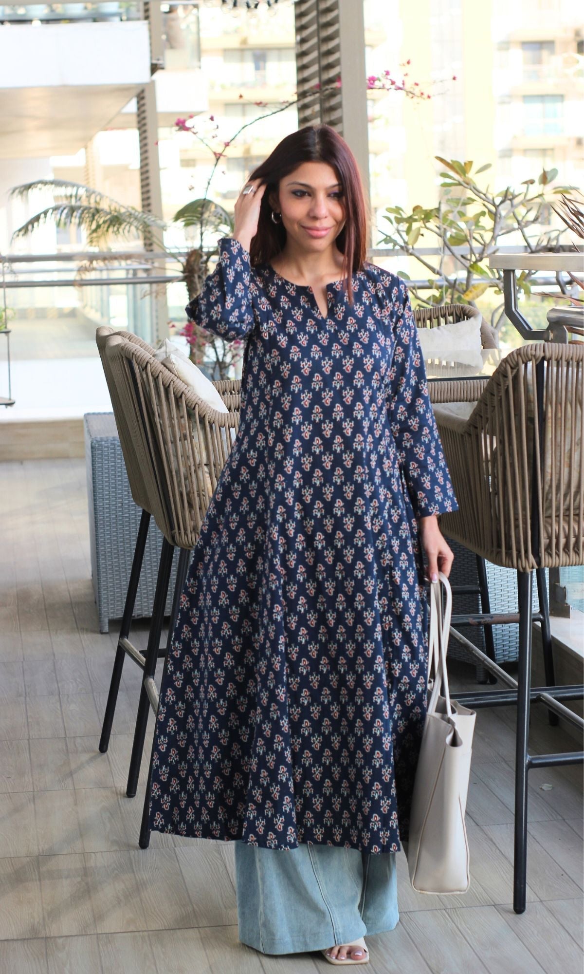 Cotton Navy Blue Small Print Kali Kurta - Baareeki