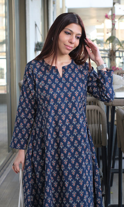 Cotton Navy Blue Small Print Kali Kurta - Baareeki