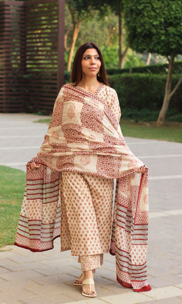 Cotton Off White & Rust Handblock Print Suit with Mul Printed Dupatta - Baareeki