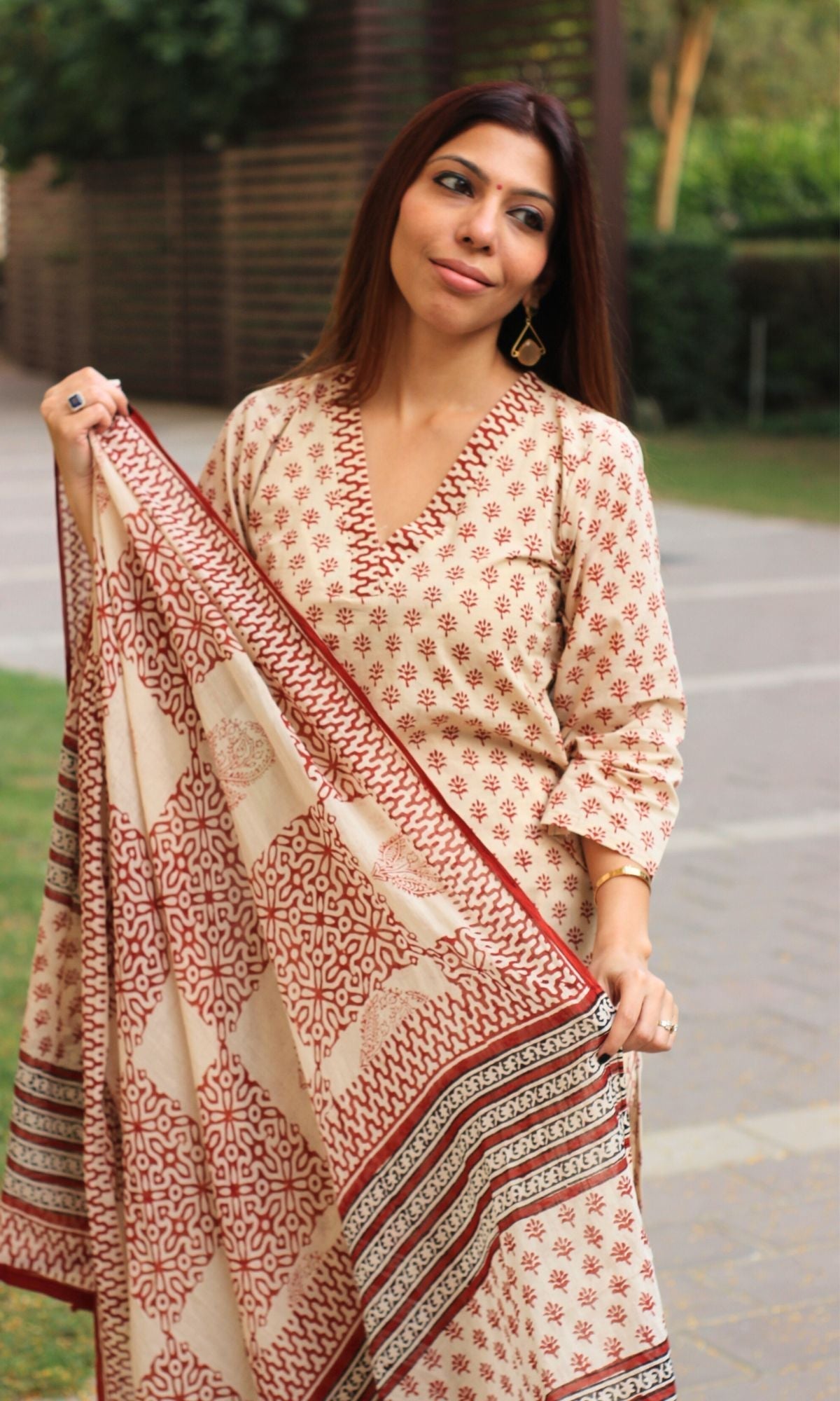 Cotton Off White & Rust Handblock Print Suit with Mul Printed Dupatta - Baareeki