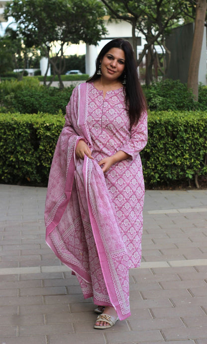 Cotton Onion Pink Printed Suit Set with Printed Cotton Dupatta - Baareeki