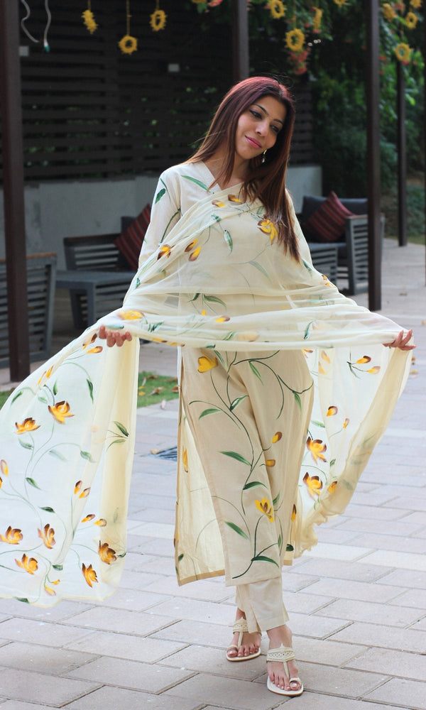 Cotton Pale Yellow Handbrush Painted Suit with Chiffon Hand painted Dupatta - Baareeki