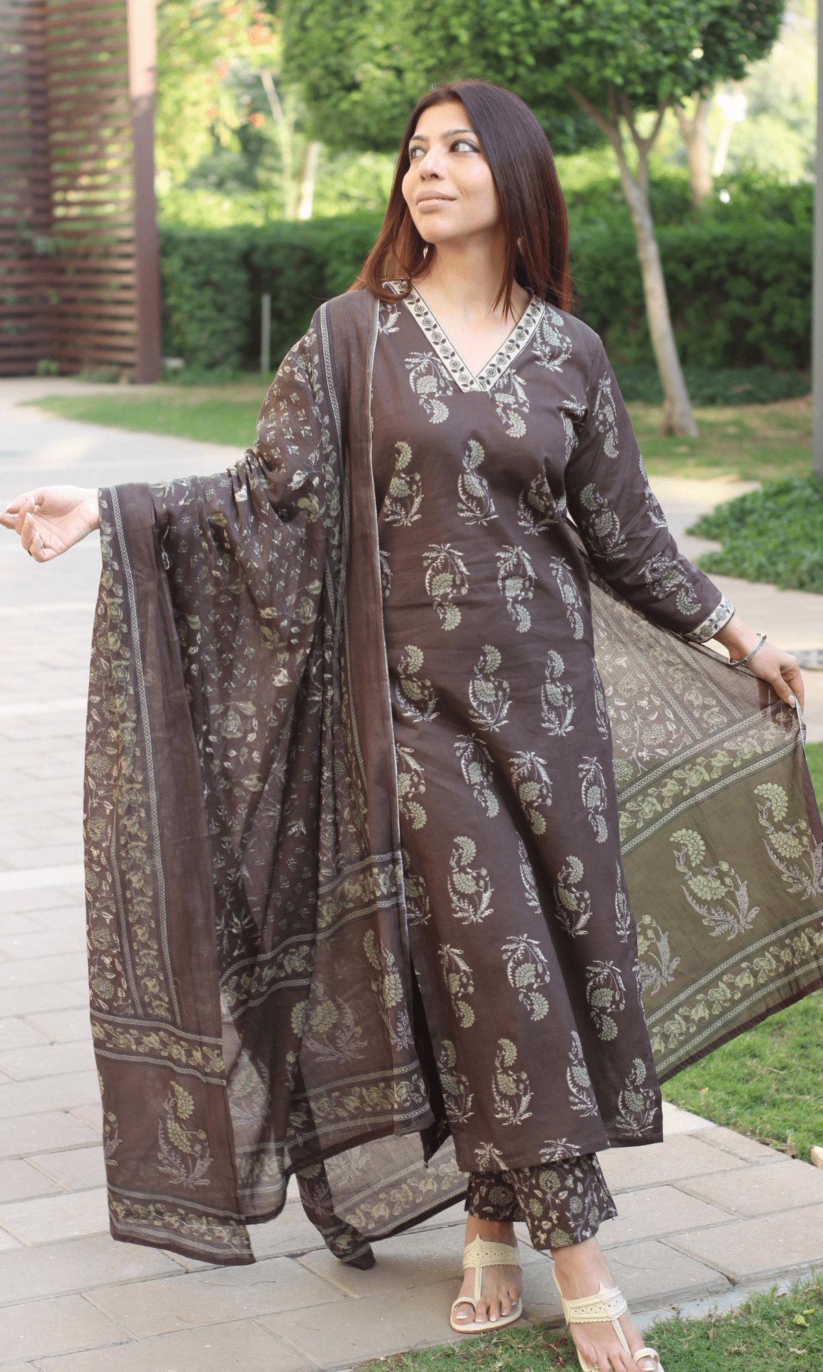 Cotton Pastel Brown Mughal Print Suit with Cotton Printed Dupatta - Baareeki