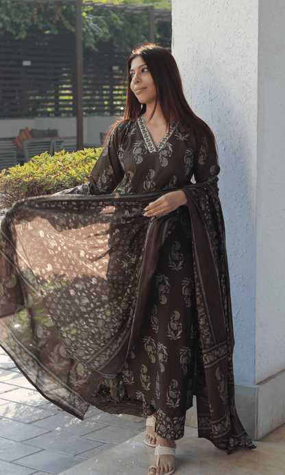 Cotton Pastel Brown Mughal Print Suit with Cotton Printed Dupatta - Baareeki