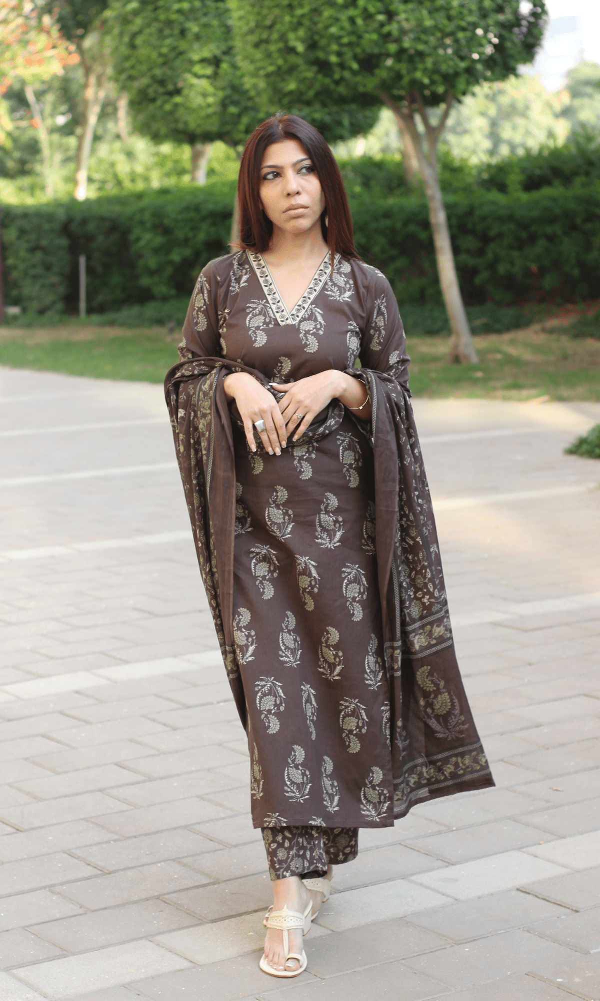 Cotton Pastel Brown Mughal Print Suit with Cotton Printed Dupatta - Baareeki