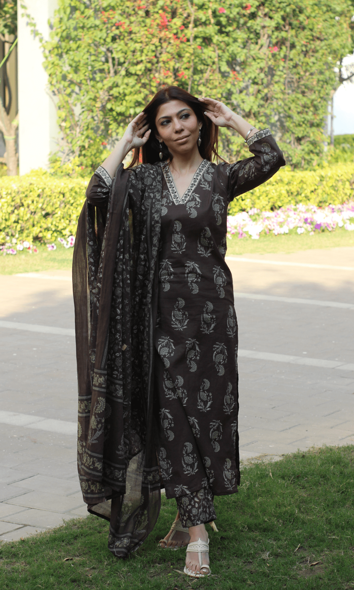 Cotton Pastel Brown Mughal Print Suit with Cotton Printed Dupatta - Baareeki