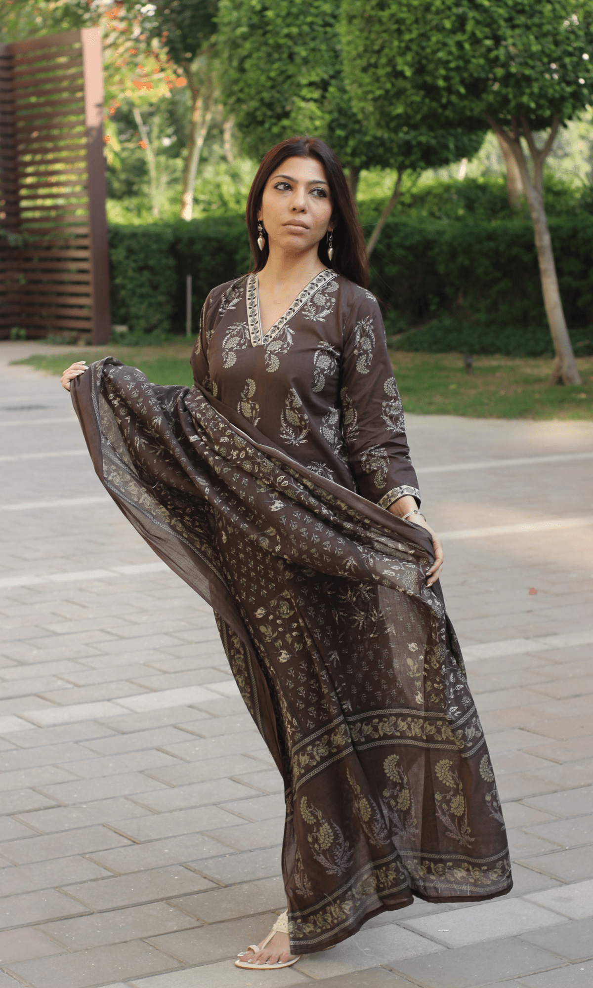 Cotton Pastel Brown Mughal Print Suit with Cotton Printed Dupatta - Baareeki