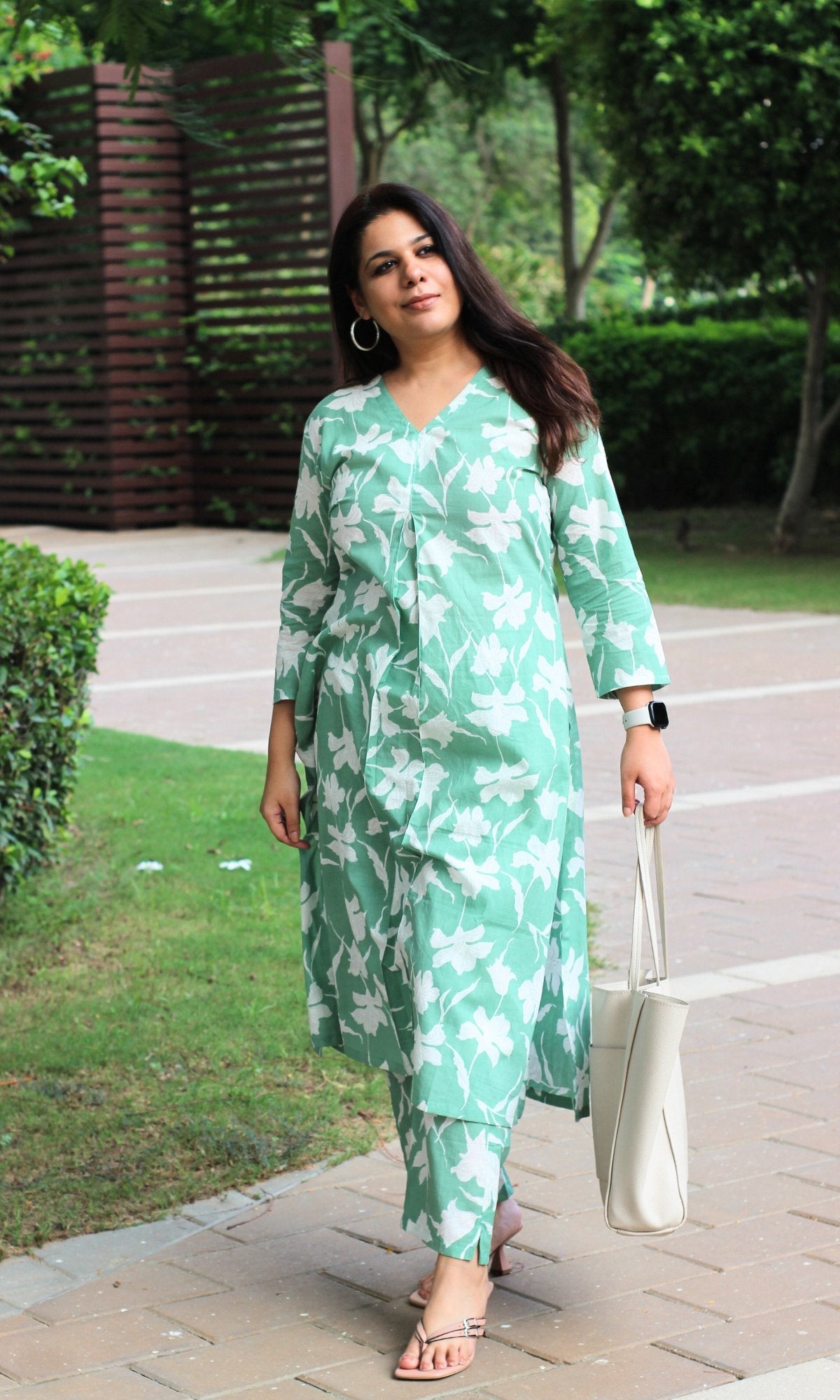 Cotton Pastel Green Big Leaf Pleated Coord - Baareeki