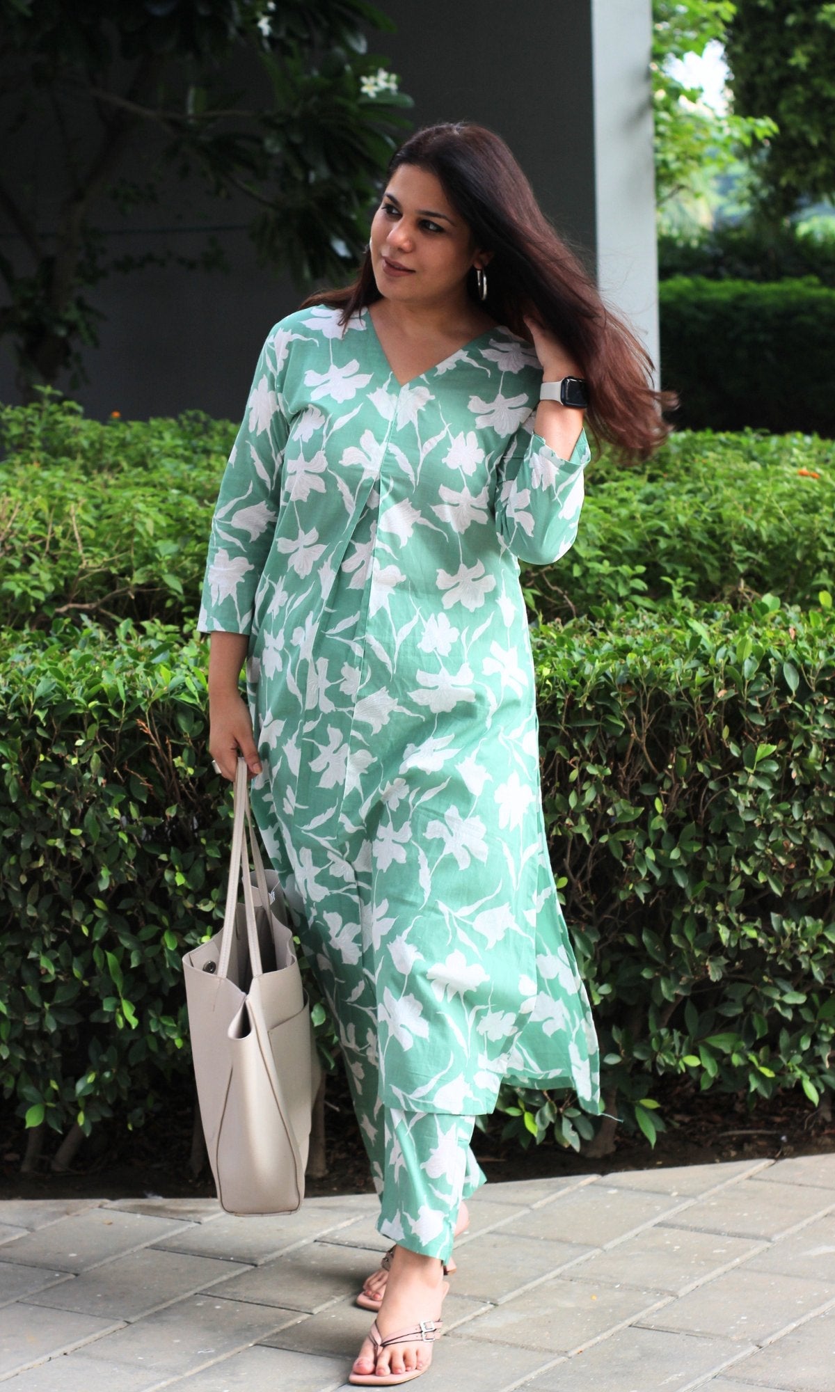 Cotton Pastel Green Big Leaf Pleated Coord - Baareeki