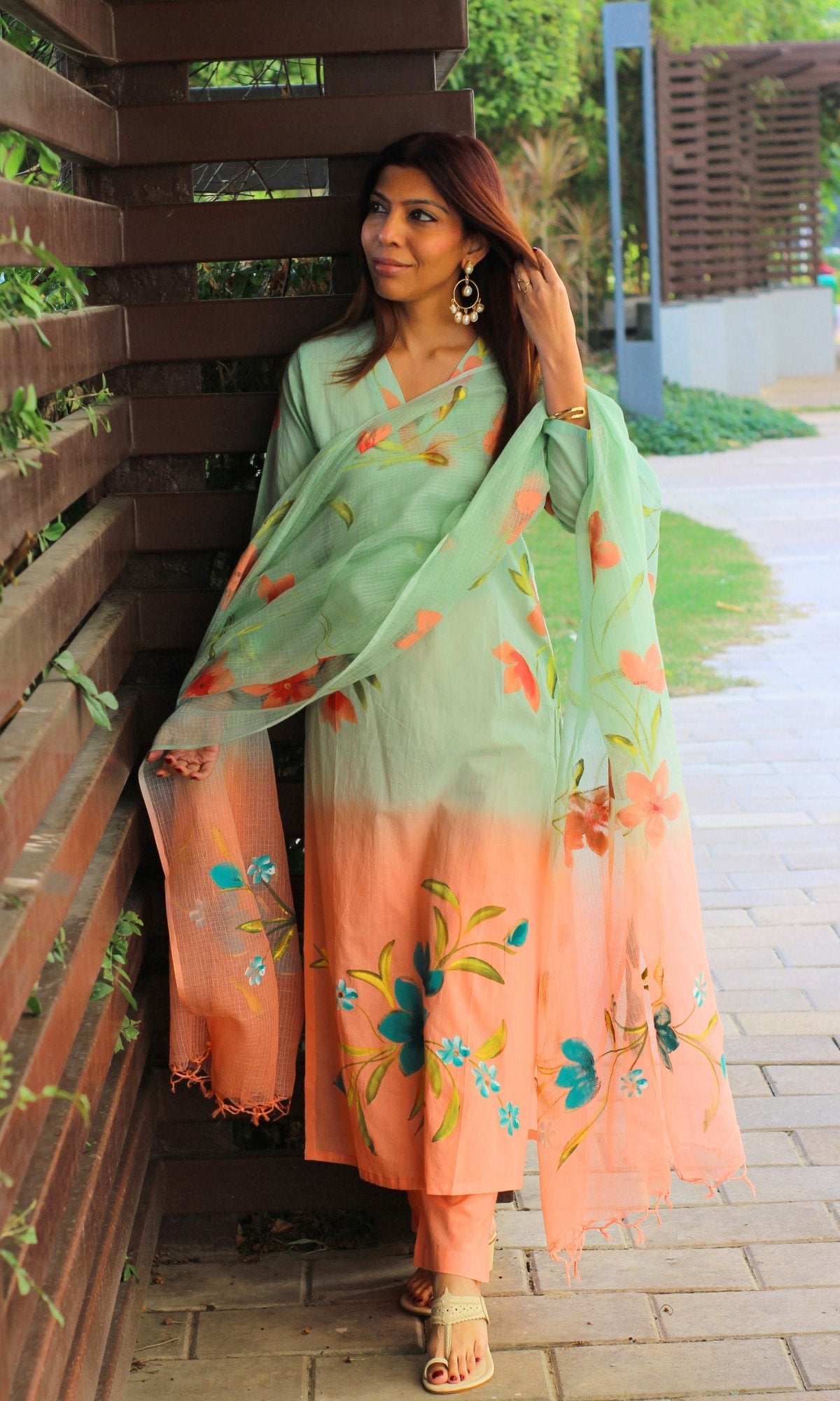 Cotton Pastel Green & Peach Ombré Handbrush Painted Suit with Kota Doria Handpainted Dupatta - Baareeki