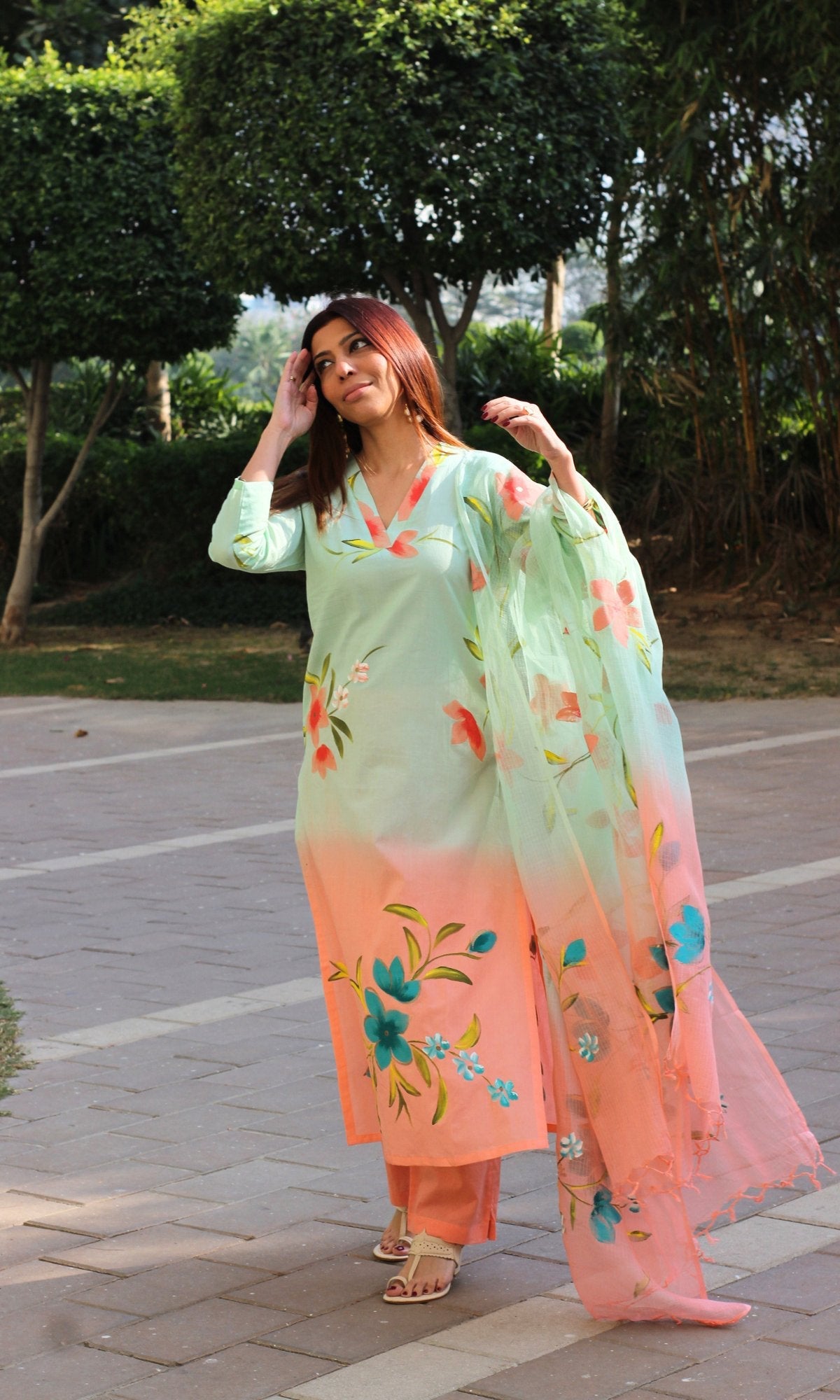 Cotton Pastel Green & Peach Ombré Handbrush Painted Suit with Kota Doria Handpainted Dupatta - Baareeki