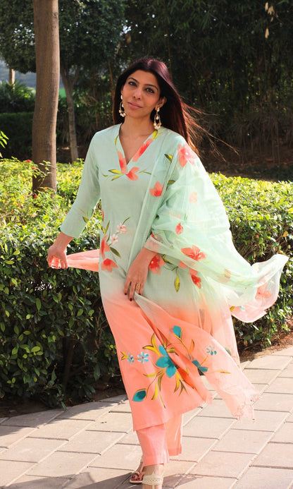 Cotton Pastel Green & Peach Ombré Handbrush Painted Suit with Kota Doria Handpainted Dupatta - Baareeki