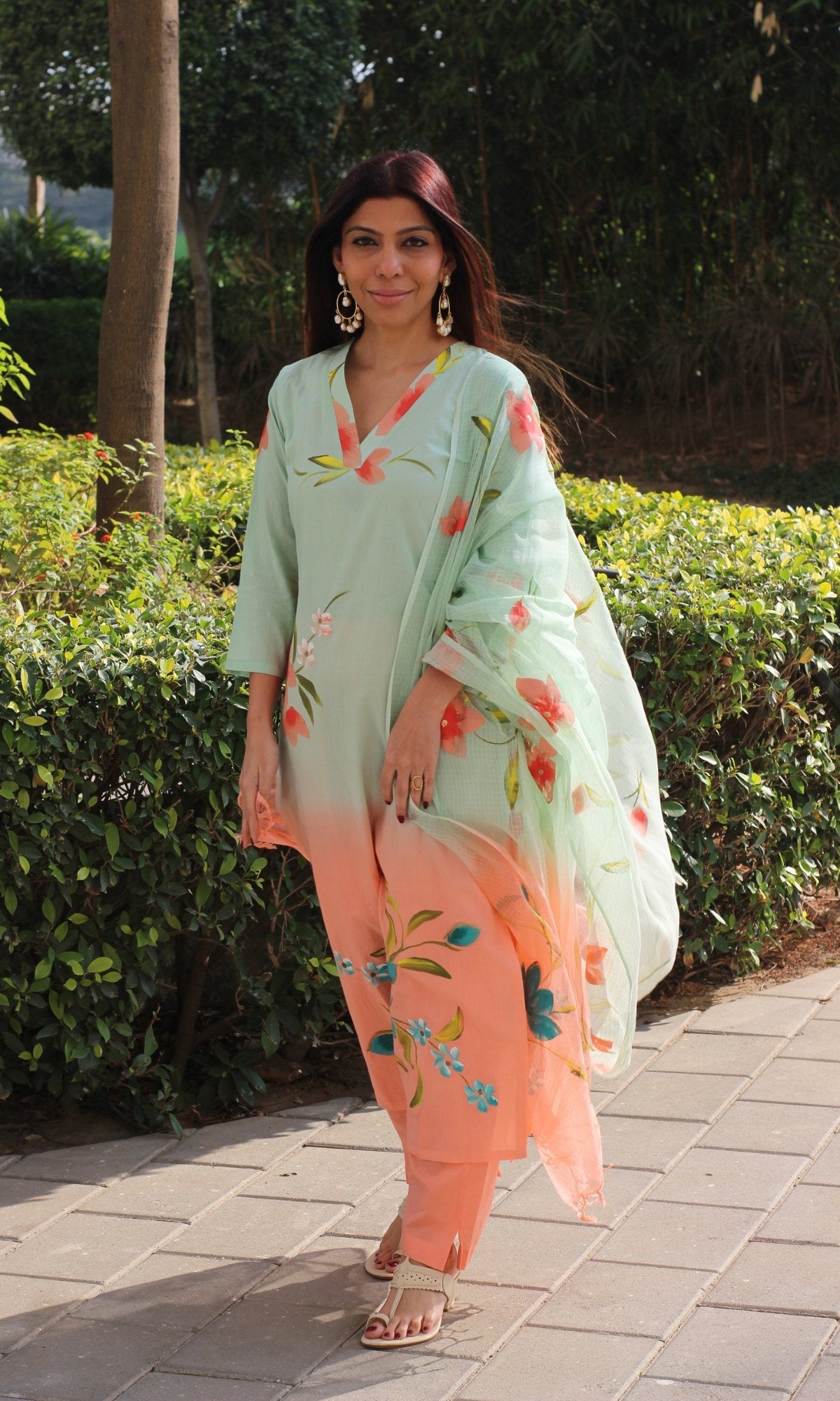 Cotton Pastel Green & Peach Ombré Handbrush Painted Suit with Kota Doria Handpainted Dupatta - Baareeki