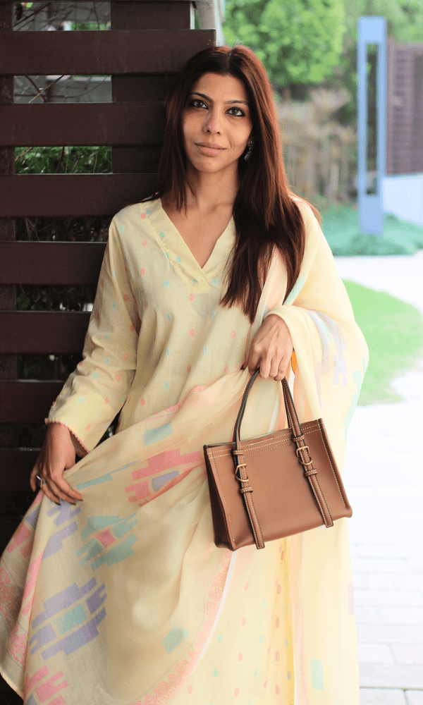 Cotton Pastel Lemon Dobby Kurta & Mul Printed Dupatta - Baareeki