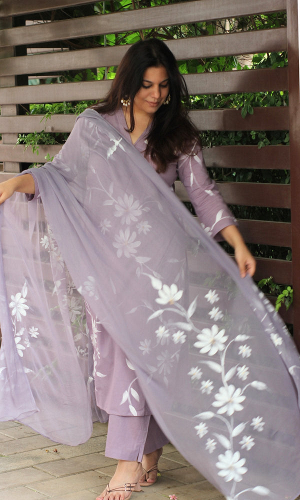 Cotton Pastel Purple Handbrush Painted Suit with Chiffon Hand - painted Dupatta - Baareeki