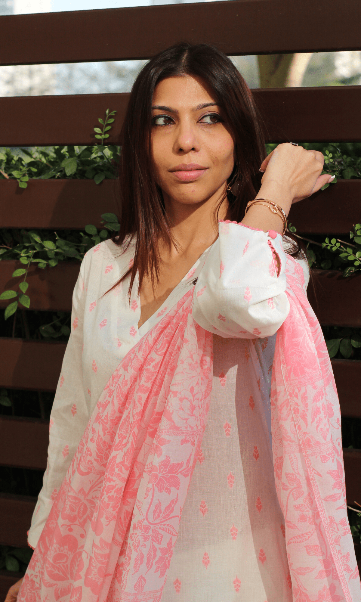 Cotton Pastel White & Pink Dobby Kurta & Printed Dupatta - Baareeki