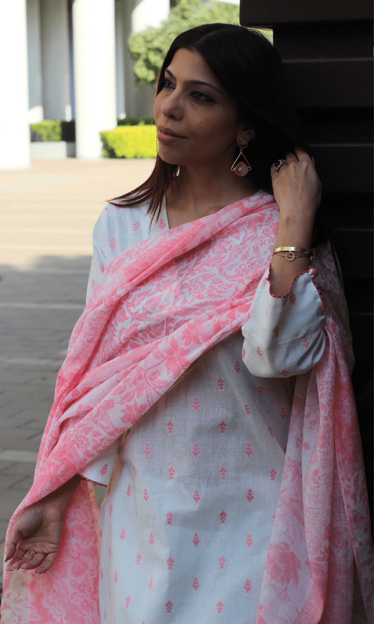 Cotton Pastel White & Pink Dobby Kurta & Printed Dupatta - Baareeki