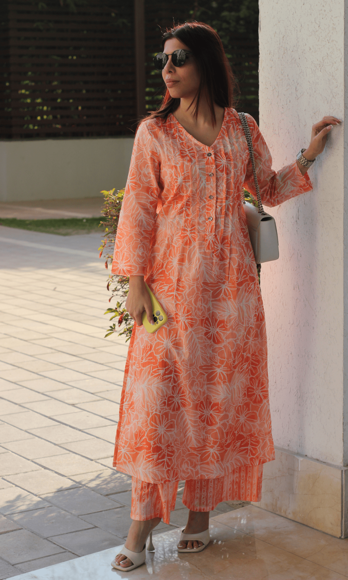 Cotton Peach Gradient Pleated Kurta & Pants - Baareeki