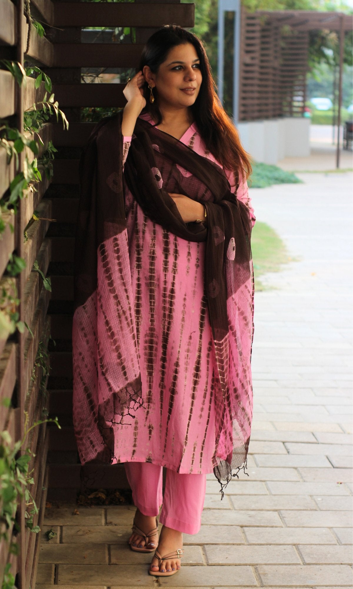 Cotton Pink & Brown Tie & Dye Suit with Chiffon Dupatta - Baareeki