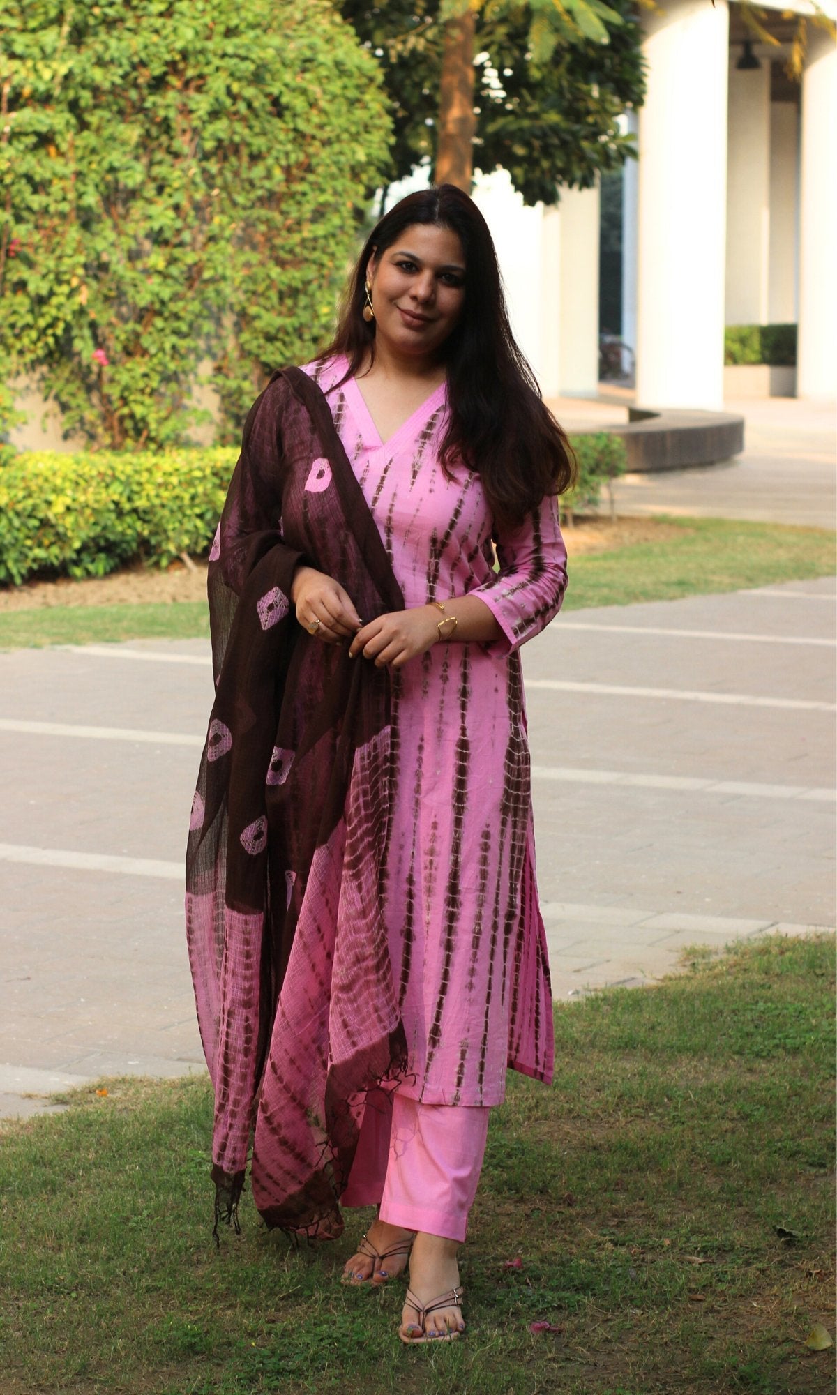 Cotton Pink & Brown Tie & Dye Suit with Chiffon Dupatta - Baareeki