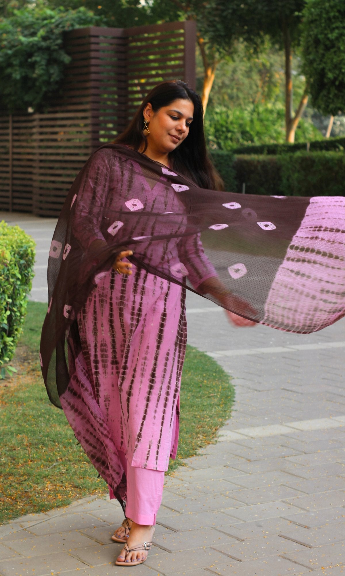 Cotton Pink & Brown Tie & Dye Suit with Chiffon Dupatta - Baareeki