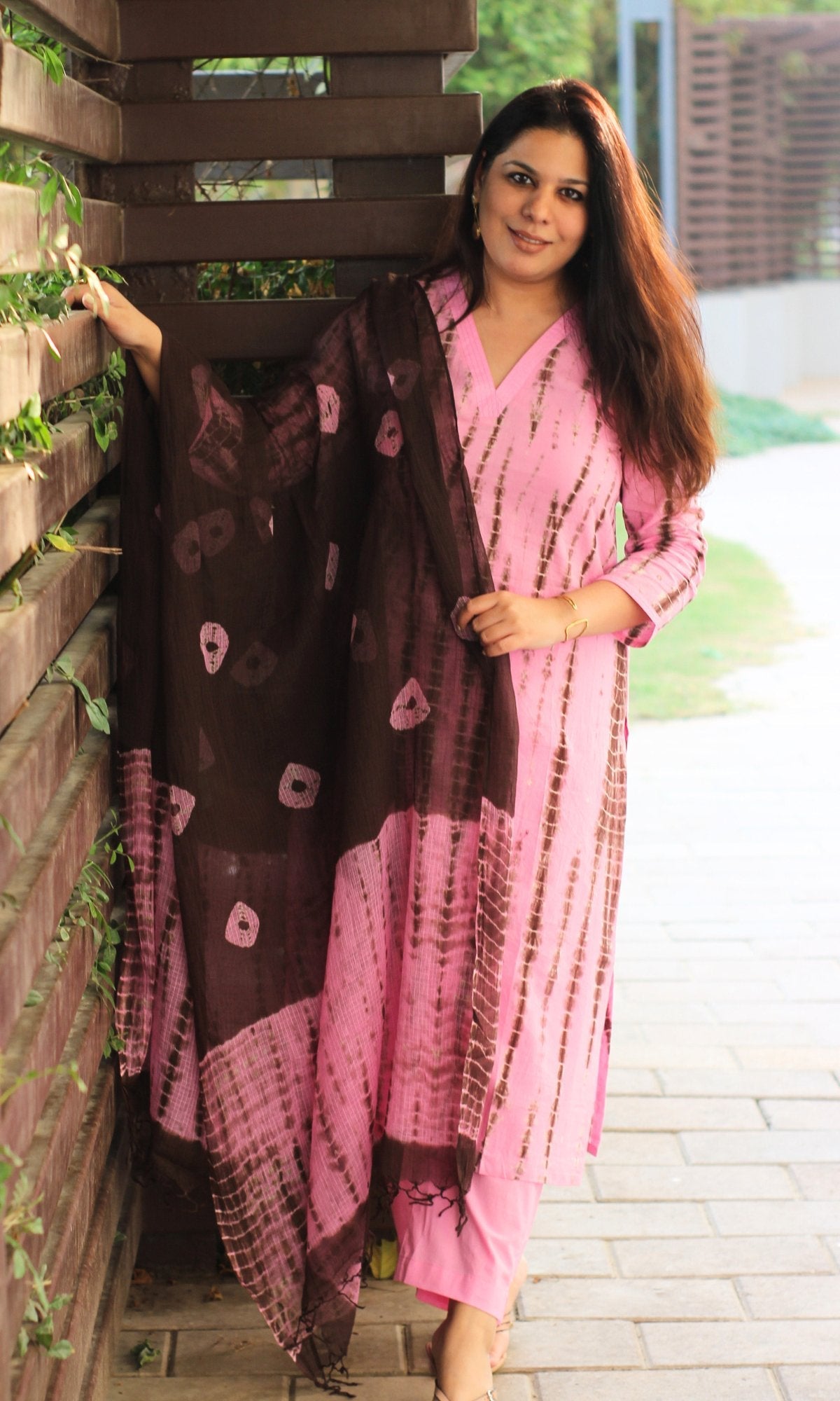 Cotton Pink & Brown Tie & Dye Suit with Chiffon Dupatta - Baareeki