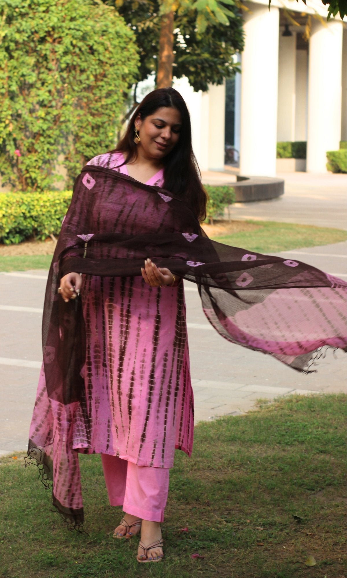 Cotton Pink & Brown Tie & Dye Suit with Chiffon Dupatta - Baareeki