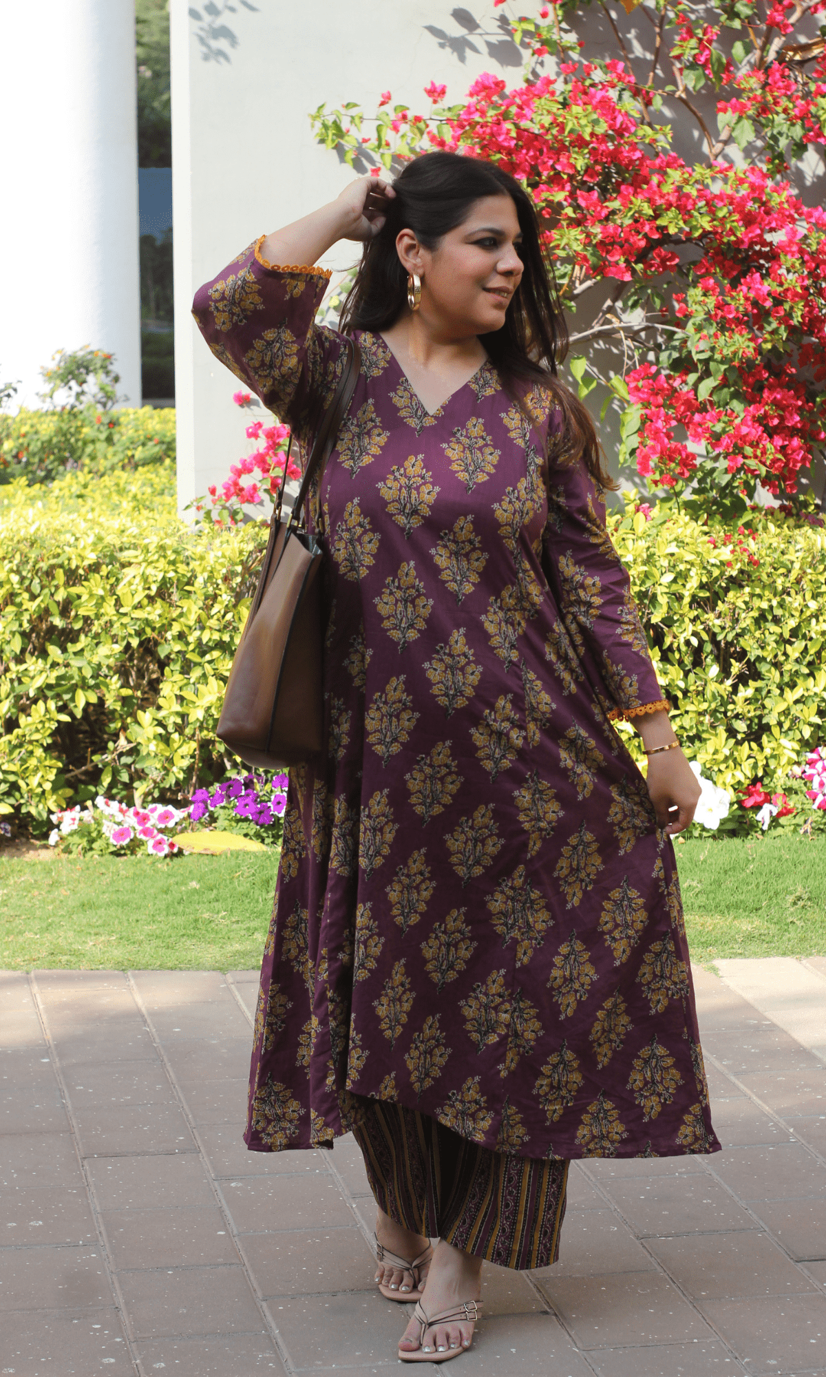 Cotton Plum & Mustard High Low Kurta and Pants Coord - Baareeki