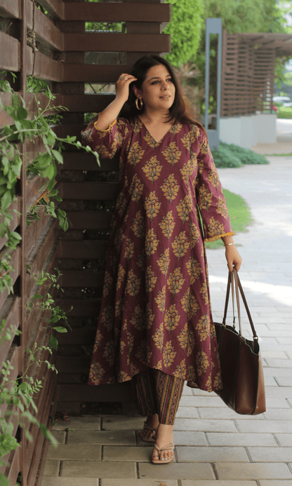 Cotton Plum & Mustard High Low Kurta and Pants Coord - Baareeki