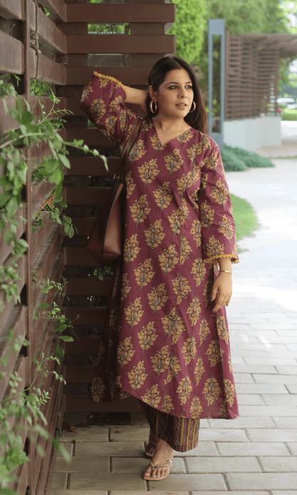 Cotton Plum & Mustard High Low Kurta and Pants Coord - Baareeki