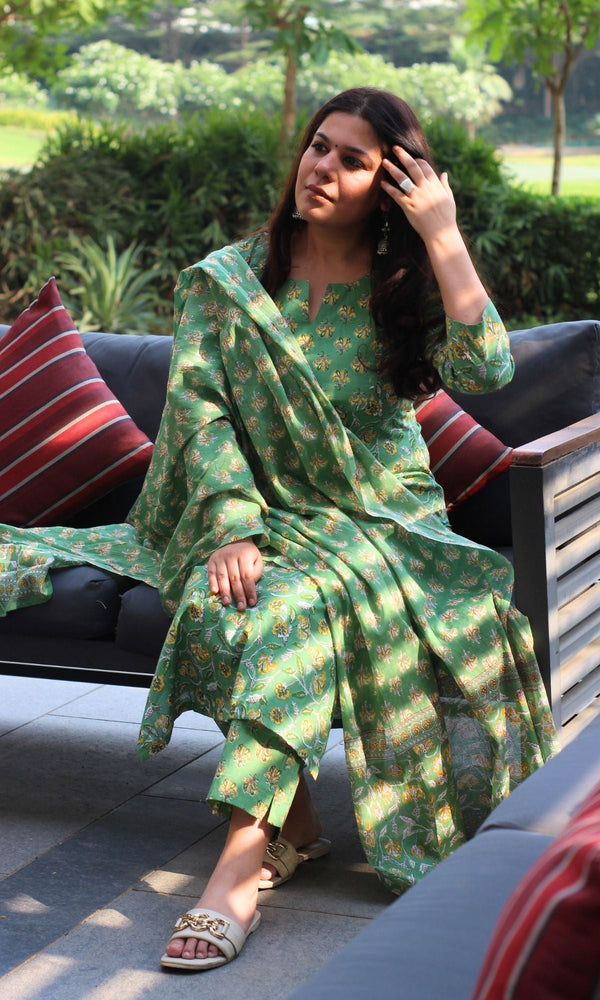 Cotton Printed Fern Green Suit Set with Cotton Printed Dupatta - Baareeki