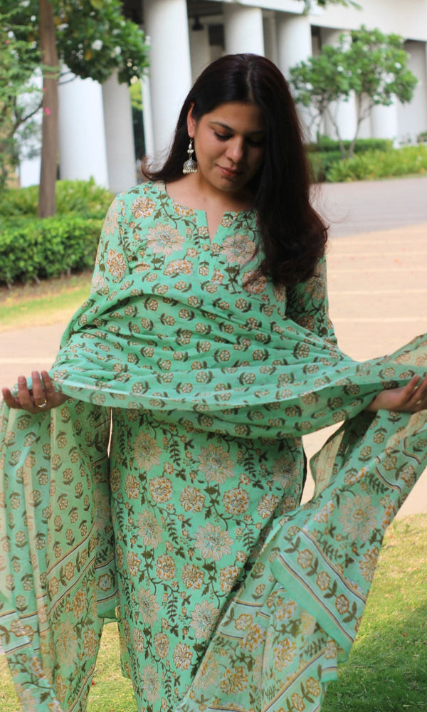 Cotton Printed Light Green Suit Set with Cotton Printed Dupatta - Baareeki