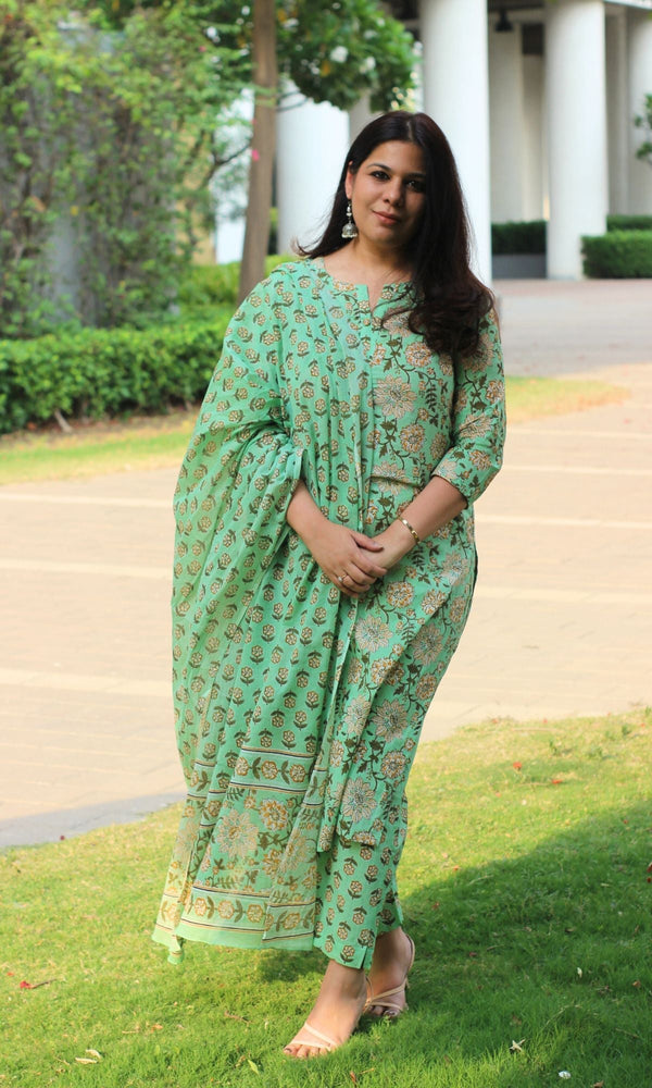 Cotton Printed Light Green Suit Set with Cotton Printed Dupatta - Baareeki