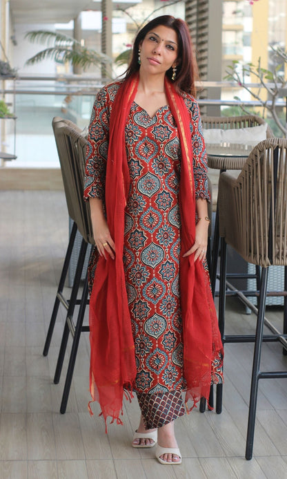 Cotton Red Ajrakh Kurta and Pants with Kota Doria Dupatta - Baareeki