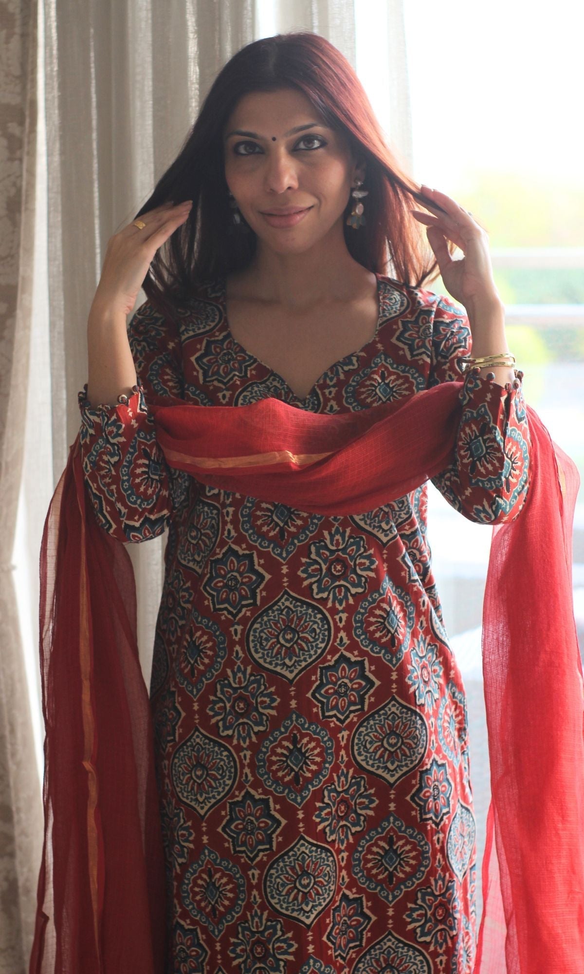 Cotton Red Ajrakh Kurta and Pants with Kota Doria Dupatta - Baareeki