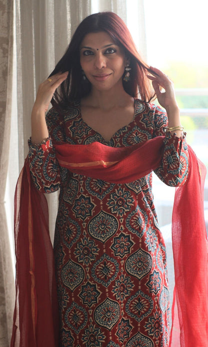 Cotton Red Ajrakh Kurta and Pants with Kota Doria Dupatta - Baareeki