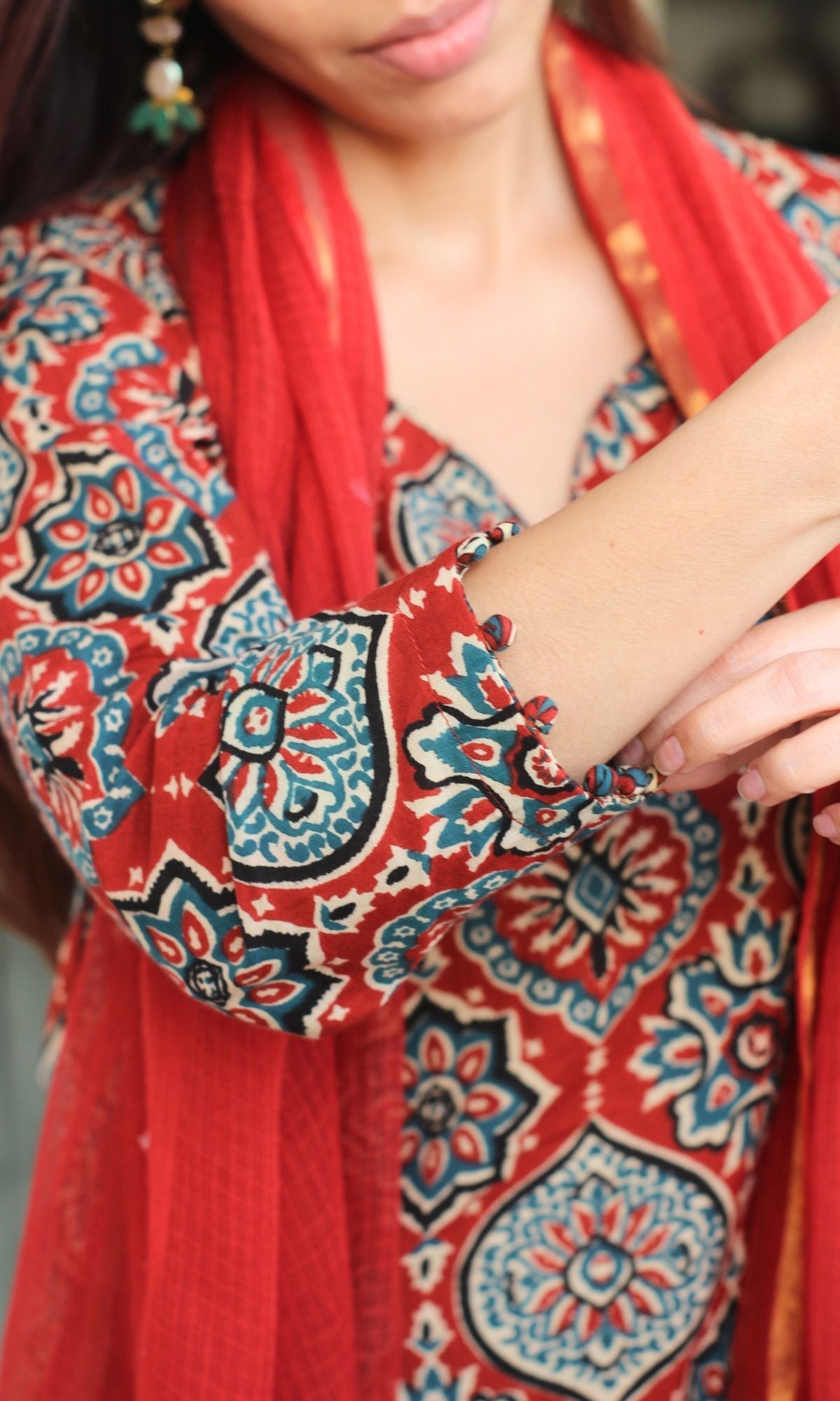 Cotton Red Ajrakh Kurta and Pants with Kota Doria Dupatta - Baareeki