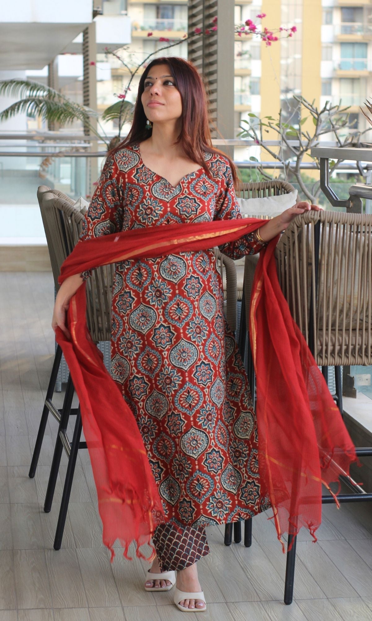 Cotton Red Ajrakh Kurta and Pants with Kota Doria Dupatta - Baareeki