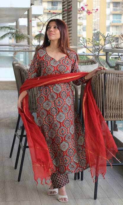 Cotton Red Ajrakh Kurta and Pants with Kota Doria Dupatta - Baareeki