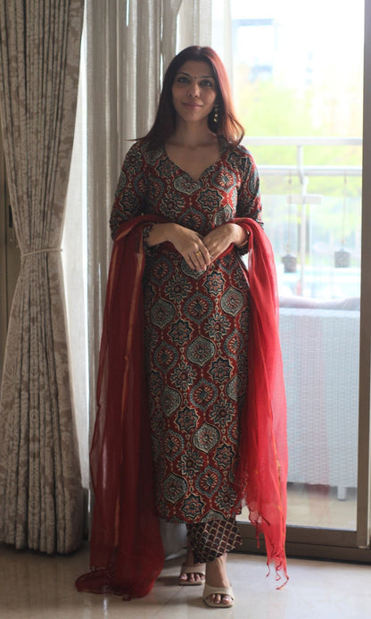 Cotton Red Ajrakh Kurta and Pants with Kota Doria Dupatta - Baareeki