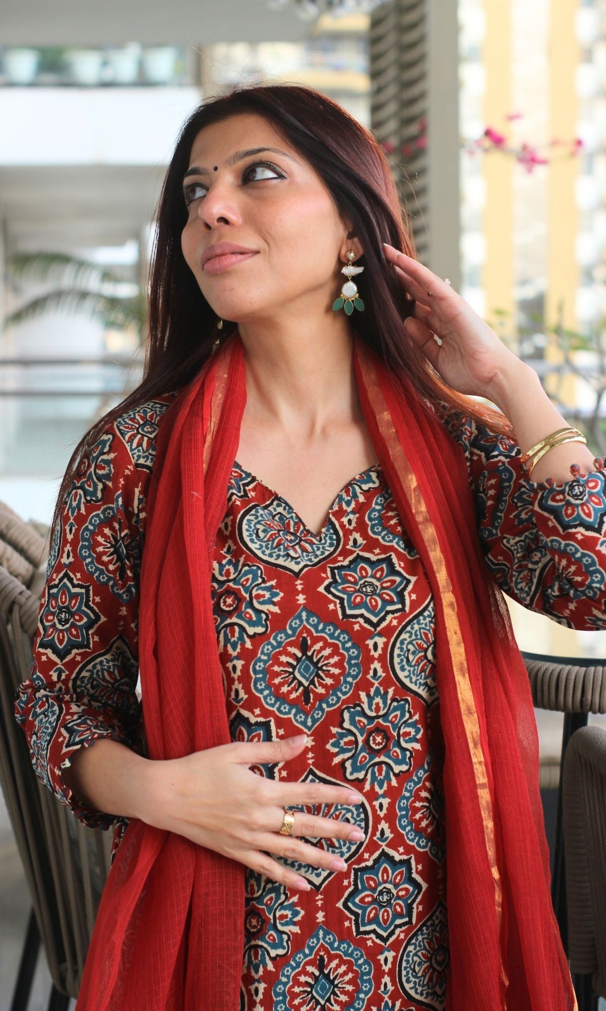 Cotton Red Ajrakh Kurta and Pants with Kota Doria Dupatta - Baareeki