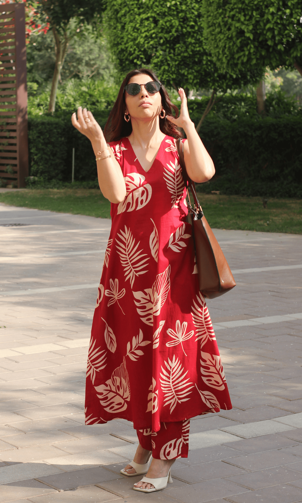 Cotton Red Big Leaf Sleeveless A line Kurta & Pants Coord - Baareeki