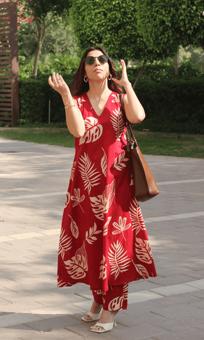 Cotton Red Big Leaf Sleeveless A line Kurta & Pants Coord - Baareeki