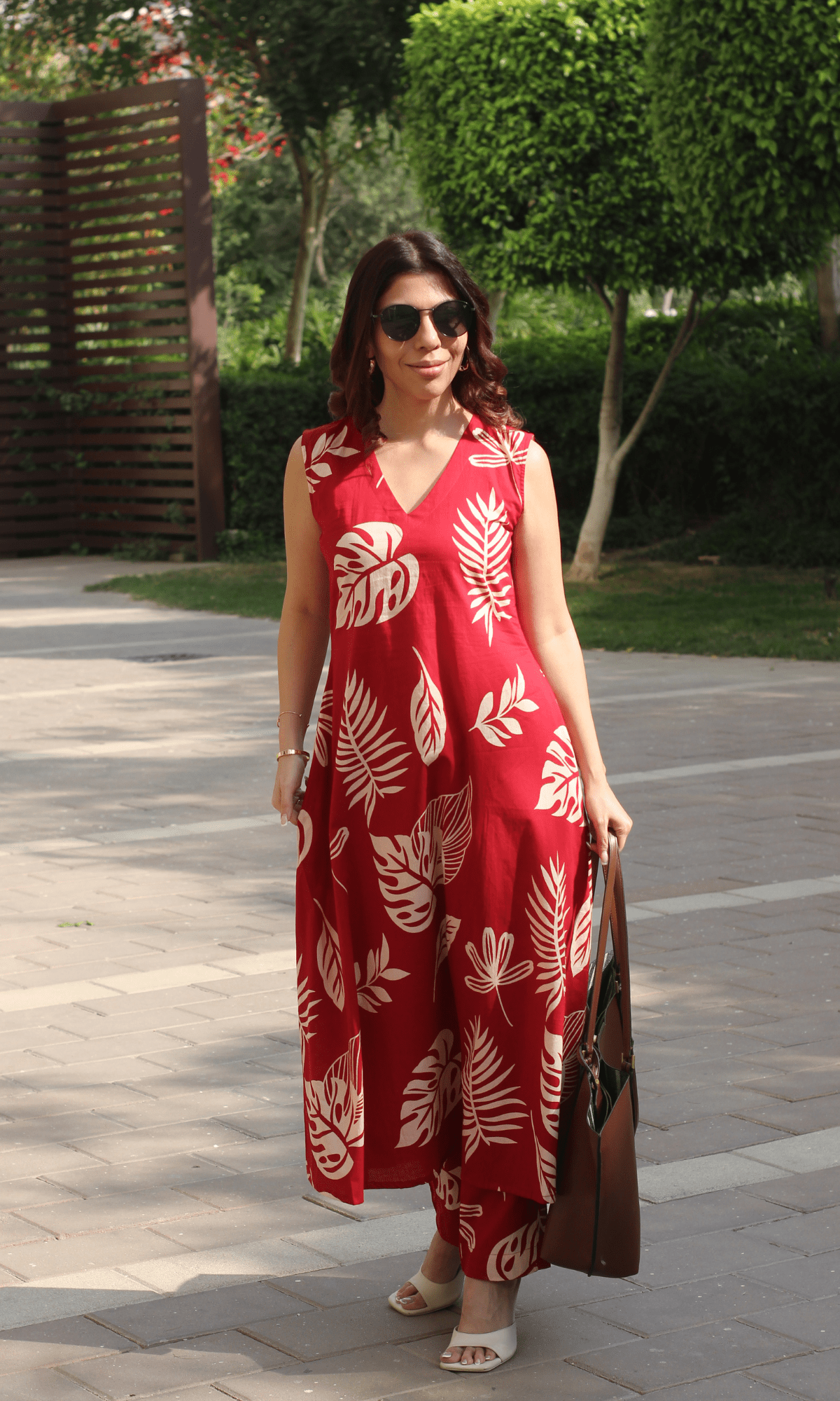 Cotton Red Big Leaf Sleeveless A line Kurta & Pants Coord - Baareeki