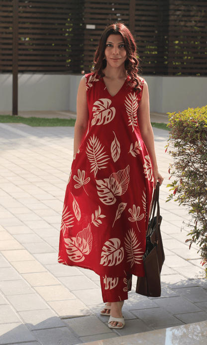 Cotton Red Big Leaf Sleeveless A line Kurta & Pants Coord - Baareeki