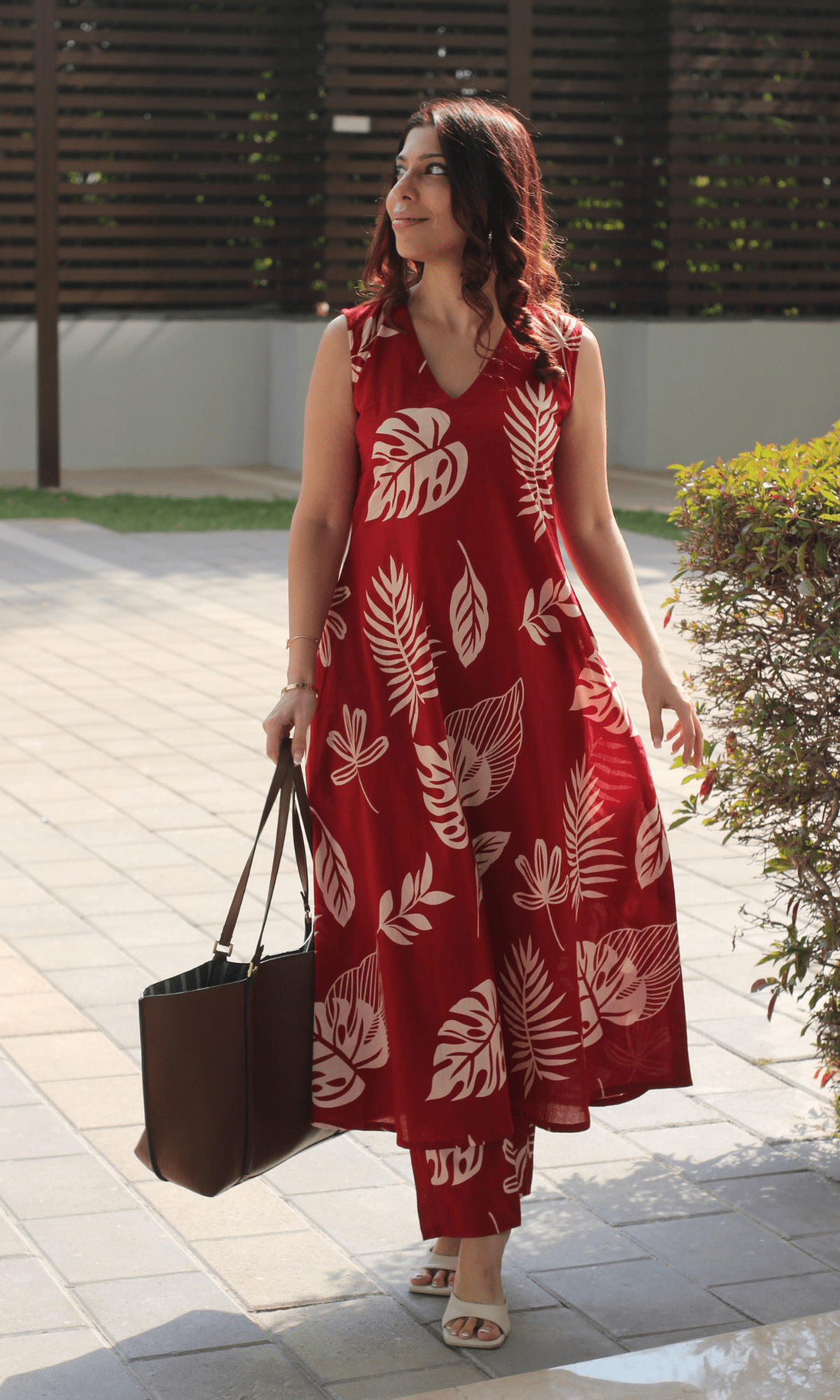 Cotton Red Big Leaf Sleeveless A line Kurta & Pants Coord - Baareeki